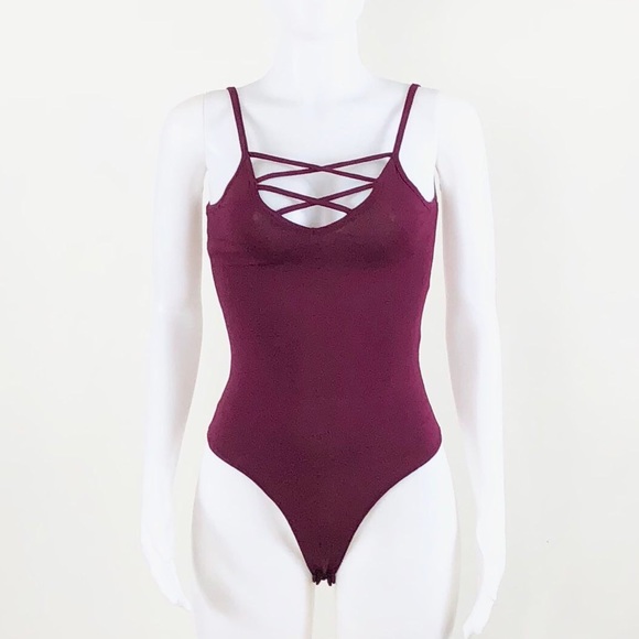 NWOT Wine Criss Cross Strappy Caged Thong Bodysuit - Picture 2 of 10